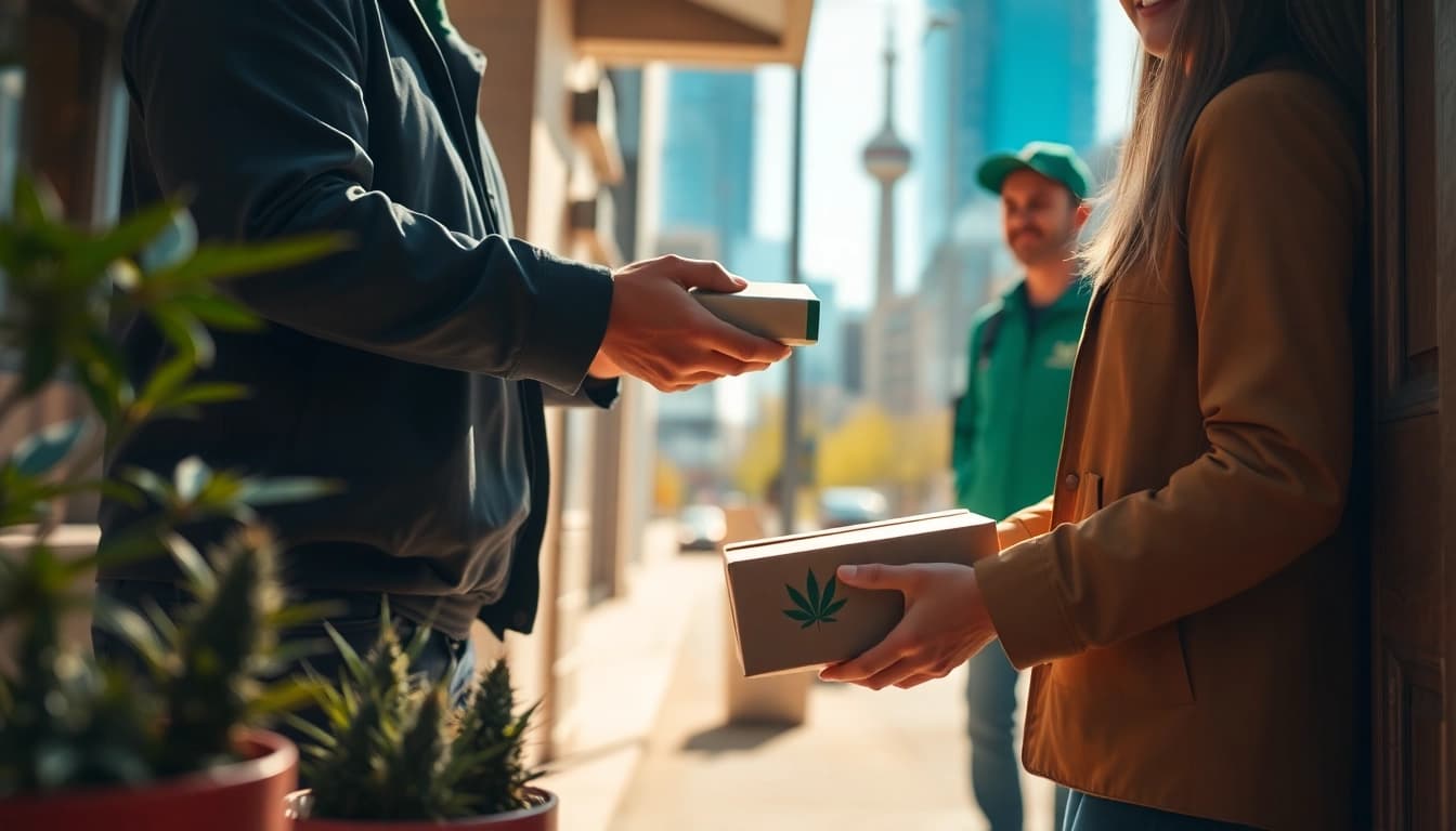 Delivering Toronto cannabis delivery to a customer at their door with a warm urban backdrop.