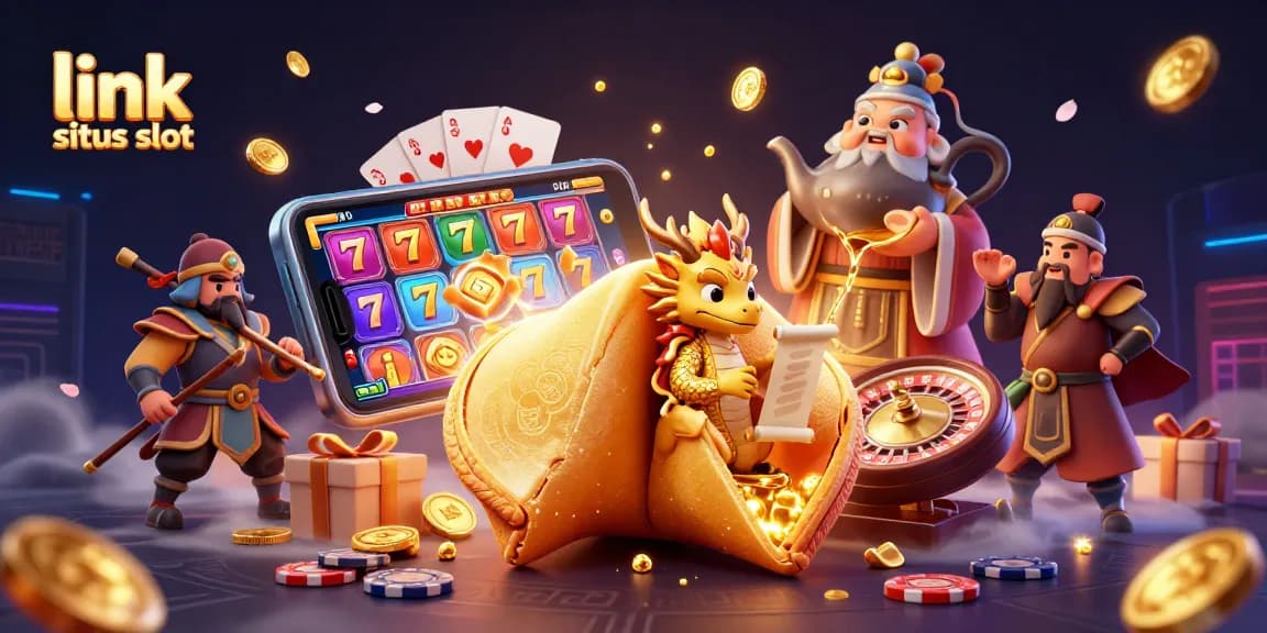Experience exciting wins at link situs slot, featuring a vibrant 3D scene of fortune cookies, dragons, and animated slot games.