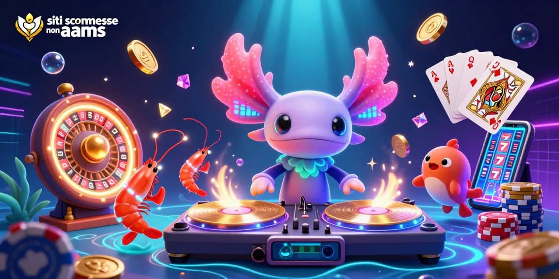 Scopri i siti scommesse non AAMS attraverso un'illustrazione 3D vivace che mostra un DJ e animali marini in azione.
