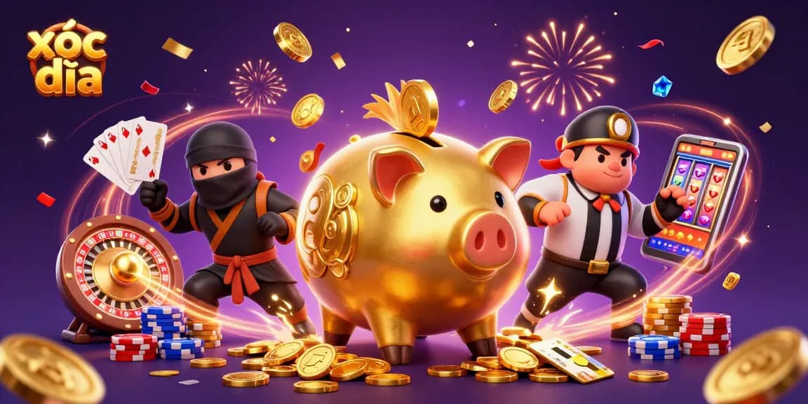 Experience xóc đĩa excitement with golden coins cascading around a dynamic casino scene.