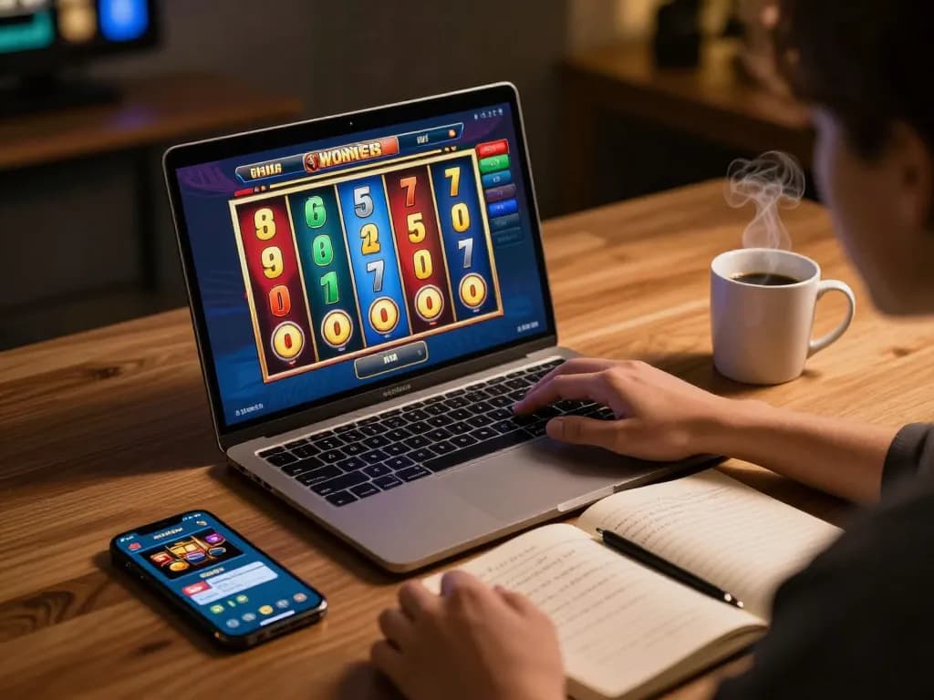 Engaging in a slot online game on a laptop while surrounded by bankroll management notes and a smartphone app.