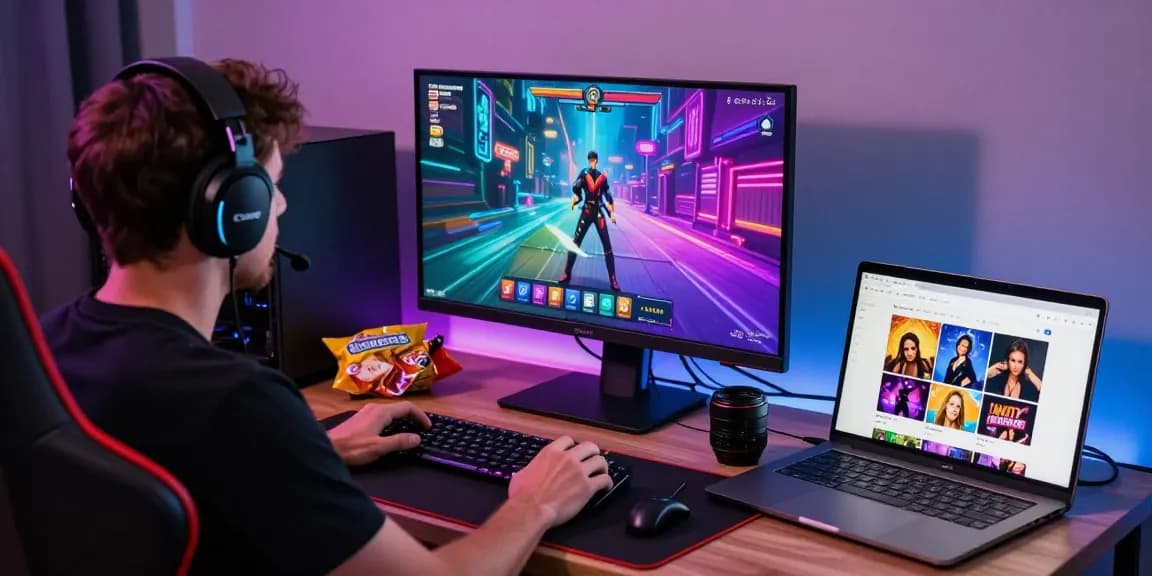 Engaging scene of a gamer playing porngame on a high-resolution monitor with vibrant LED lights and gaming accessories.