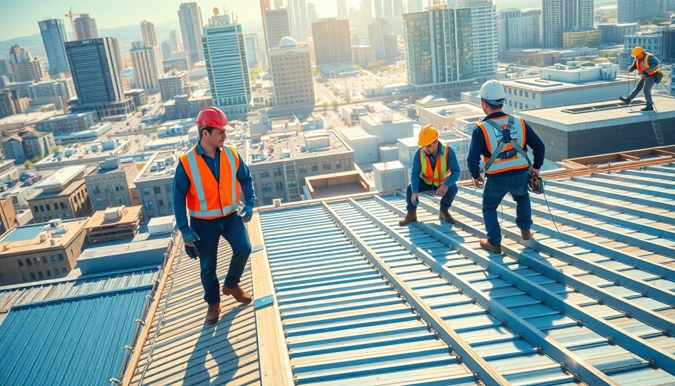 Capture of roofing professionals delivering commercial roofing services while working diligently on a building.