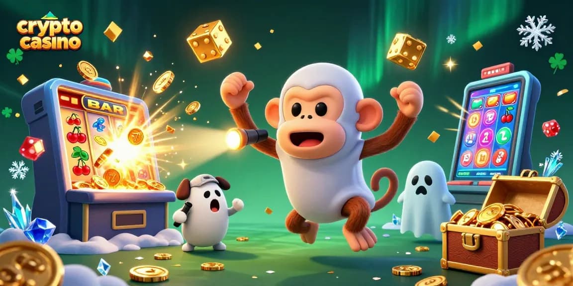 Le crypto casino animé par un singe poltergeist et un chiot chasseur de fantômes, dans un décor dynamique rempli de pièces d'or.