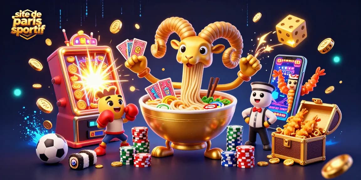 Une scène dynamique de paris sportif avec un bol de ramen géant et des éléments de jeu, illustrant le site de paris sportif.