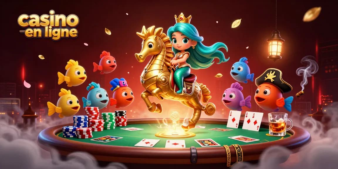 Vivez l'expérience d'un casino en ligne avec une illustration captivante de jeux de cartes et personnages de style cartoon.