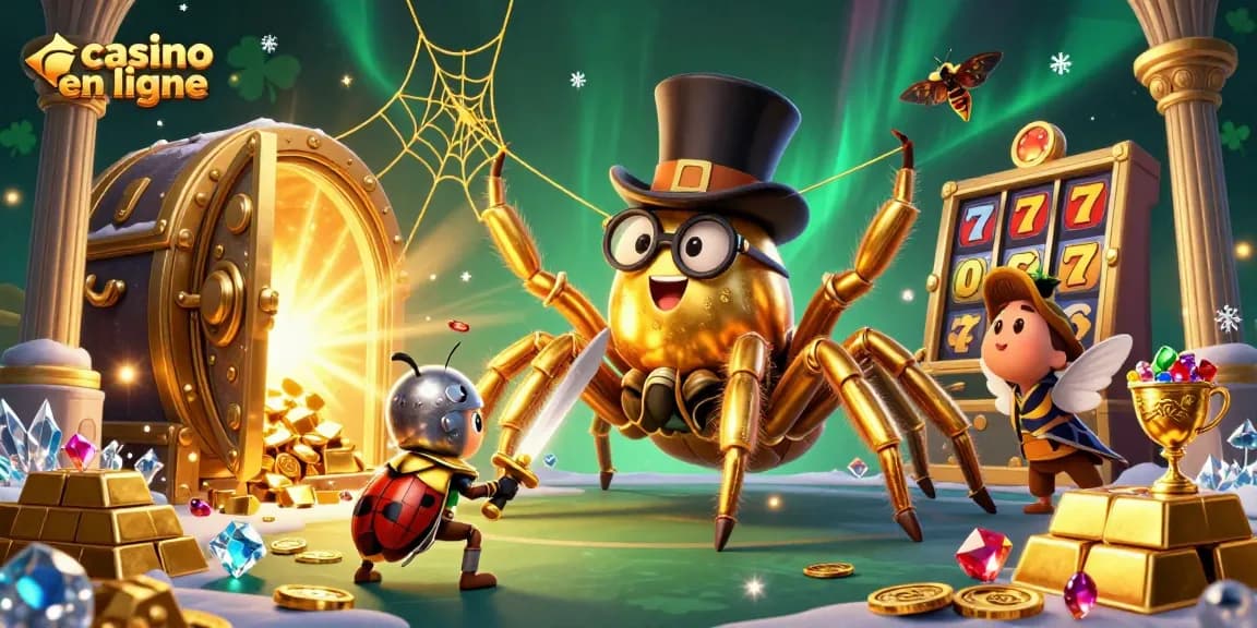 Visualisez un monde captivant de casino en ligne avec une araignée dorée et un chevalier scarabée, mêlant magie et joie de jouer.