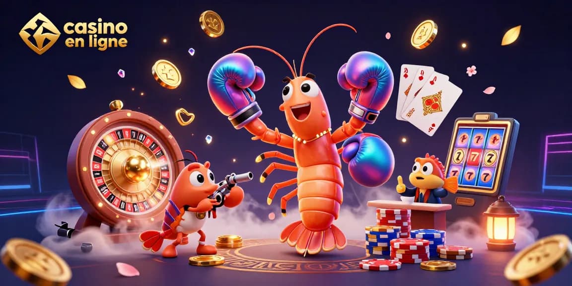 Illustration de casino en ligne dynamique avec une crevette mante, un compagnon et des éléments de jeux.
