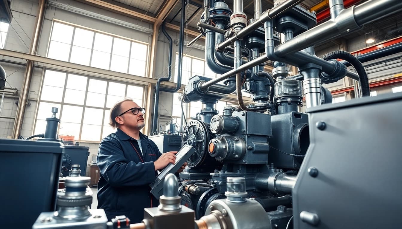 Engineer evaluating fluid power systems with hydraulic pumps and tools in an industrial setting.