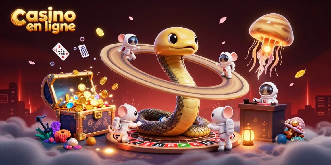Illustration dynamique de casino en ligne avec un serpent Saturne et des astronautes pariant.