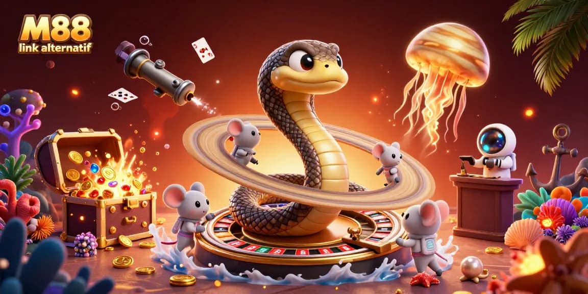 Bet on M88 link alternatif with cosmic characters and dynamic casino elements in a vibrant 3D scene.