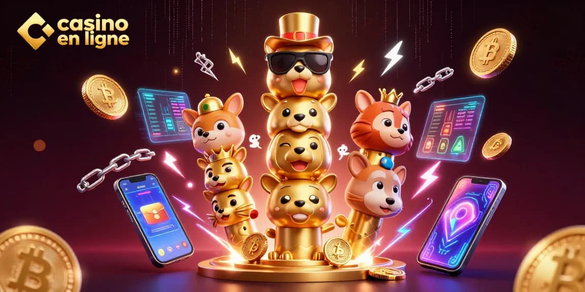 Découvrez une illustration colorée de casino en ligne avec un totem 3D et des éléments de cryptomonnaie.