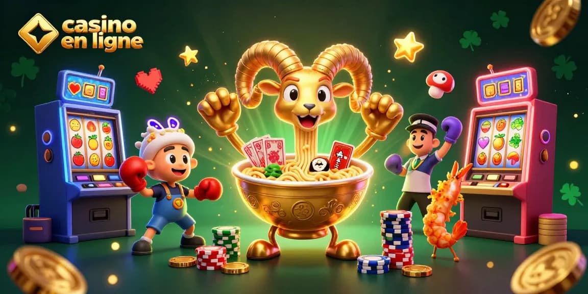 Le casino en ligne animé avec un bol de ramen géant en or, des machines à sous colorées et des personnages vivants.