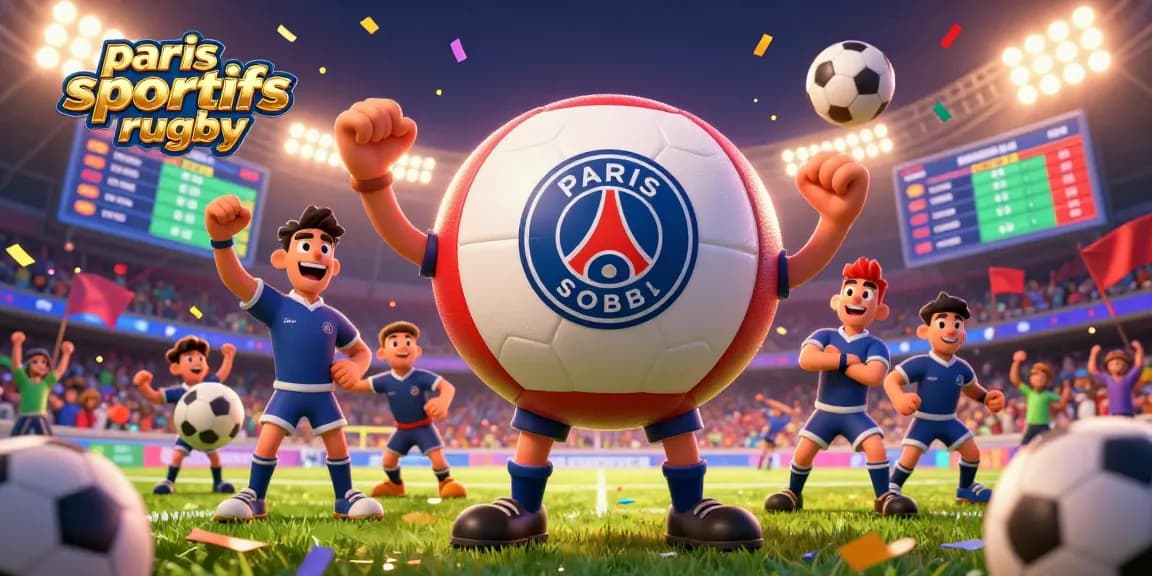 Placer des paris sportifs rugby avec une mascotte d'équipe dynamique sous une pluie de confettis.