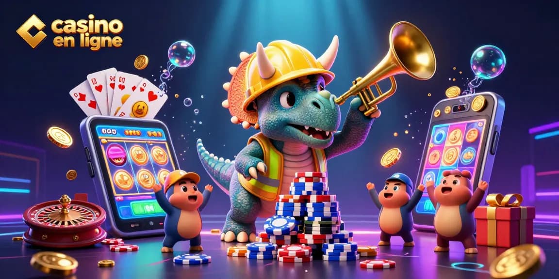 Casino en ligne illustré par un triceratops construisant une pyramide de jetons de poker au milieu d'un monde dynamique et coloré.
