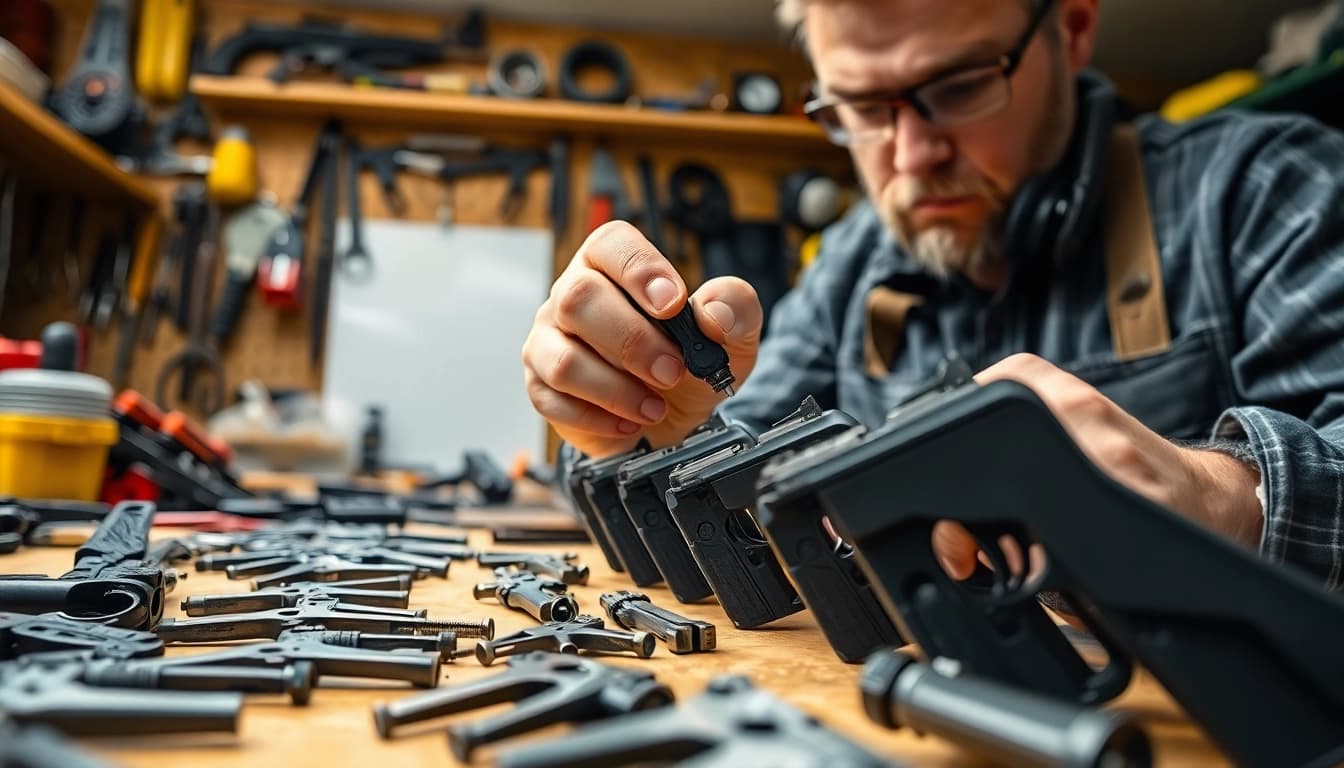 Explore a forced reset trigger for sale showcased in a detailed workshop environment.