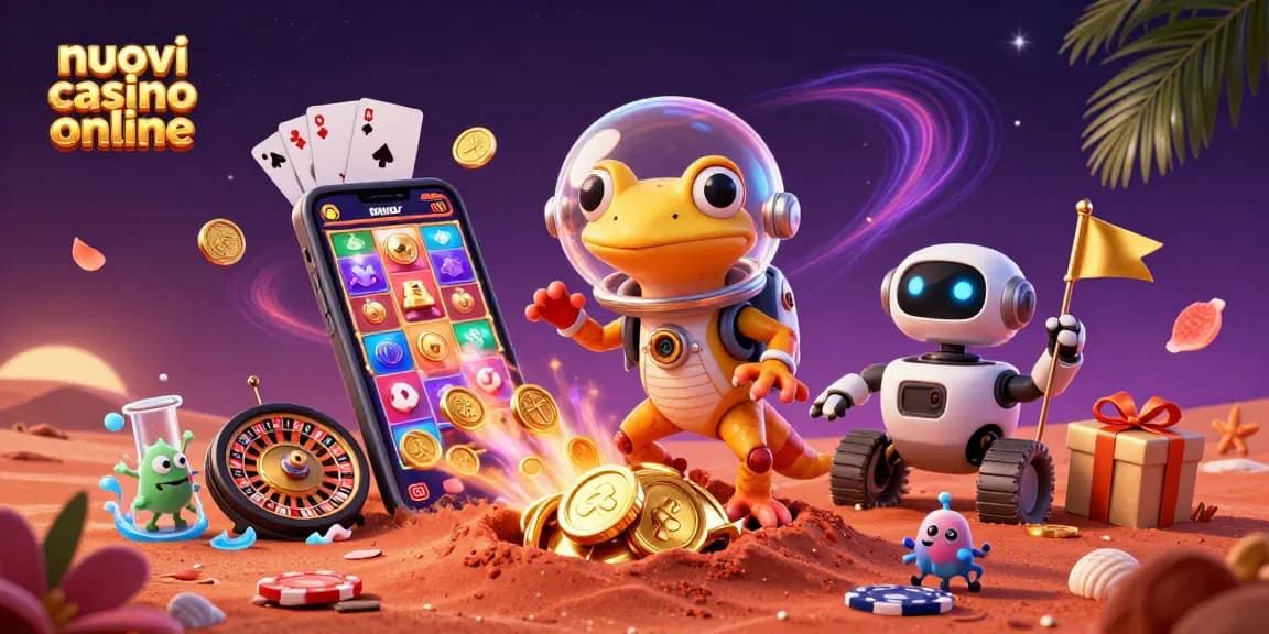 Scopri i nuovi casino online con un gecko marziano e un robot in un'illustrazione di casinò futuristica.