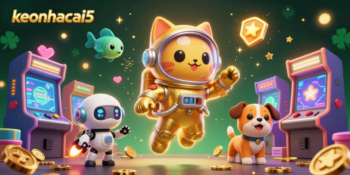 Engage with keonhacai5 for thrilling sports betting visuals, featuring adorable characters and dynamic arcade elements.