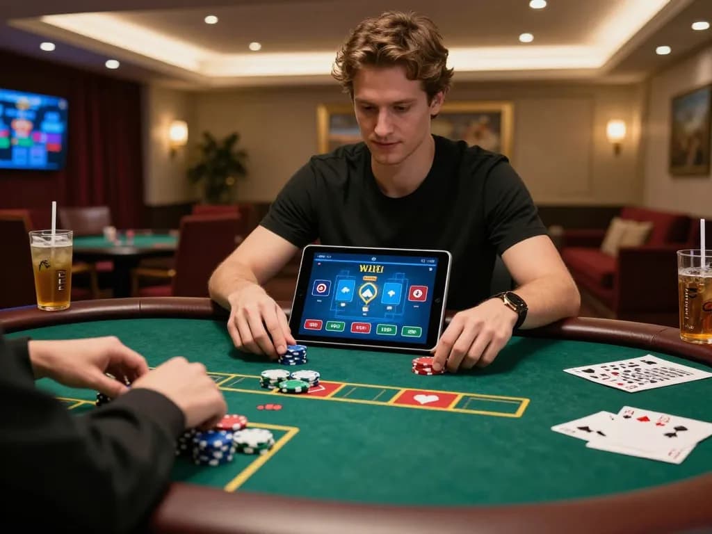 Playing online poker on the hidden wiki tablet, engaged in strategic betting with colorful chips.