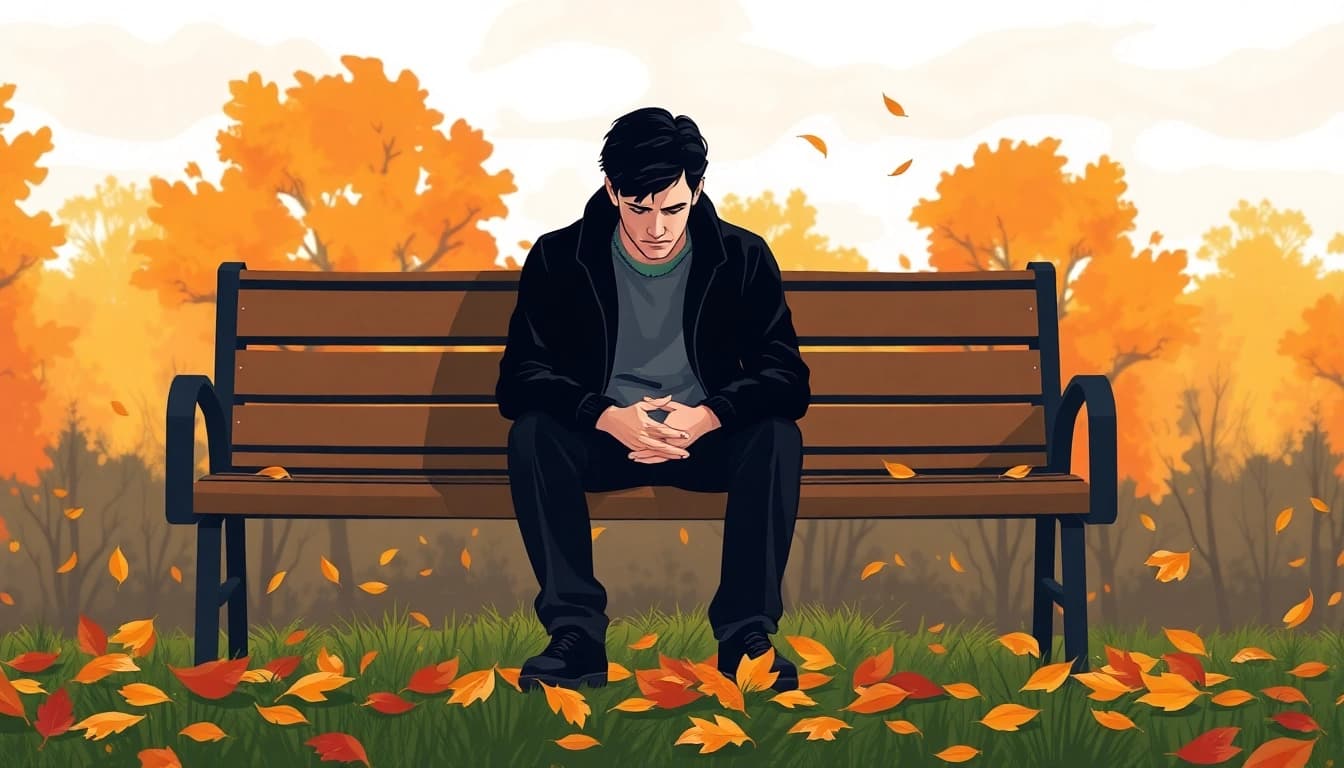 Illustration of a person reflecting on depression symptoms amidst autumn leaves.
