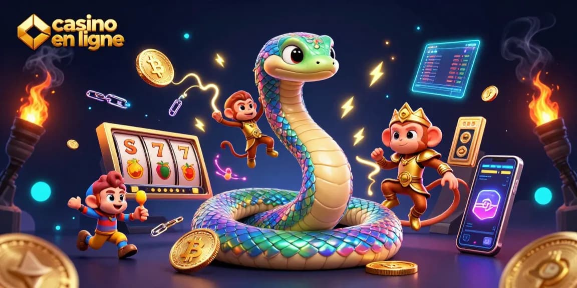 Jouez au casino en ligne avec un serpent arc-en-ciel et un roi singe d'or dans une scène de slot dynamique.