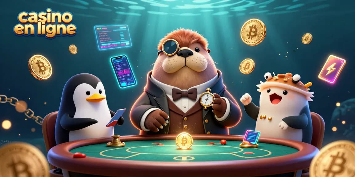Jouer au poker en ligne dans un casino en ligne avec un morse et des éléments de cryptomonnaie.