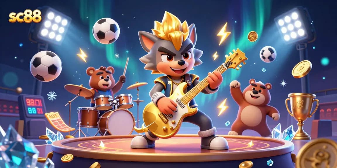 Engage with the vibrant world of sc88, featuring a cartoon rock star wolf rocking out on stage amidst gaming excitement.