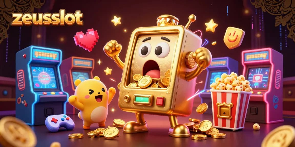 Experience zeusslot fun with an animated slot machine celebrating its jackpot!