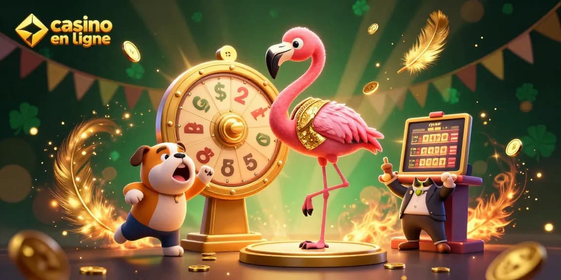 Le casino en ligne avec un animateur flamboyant, un bulldog enthousiaste, et un chat affichant les prix.