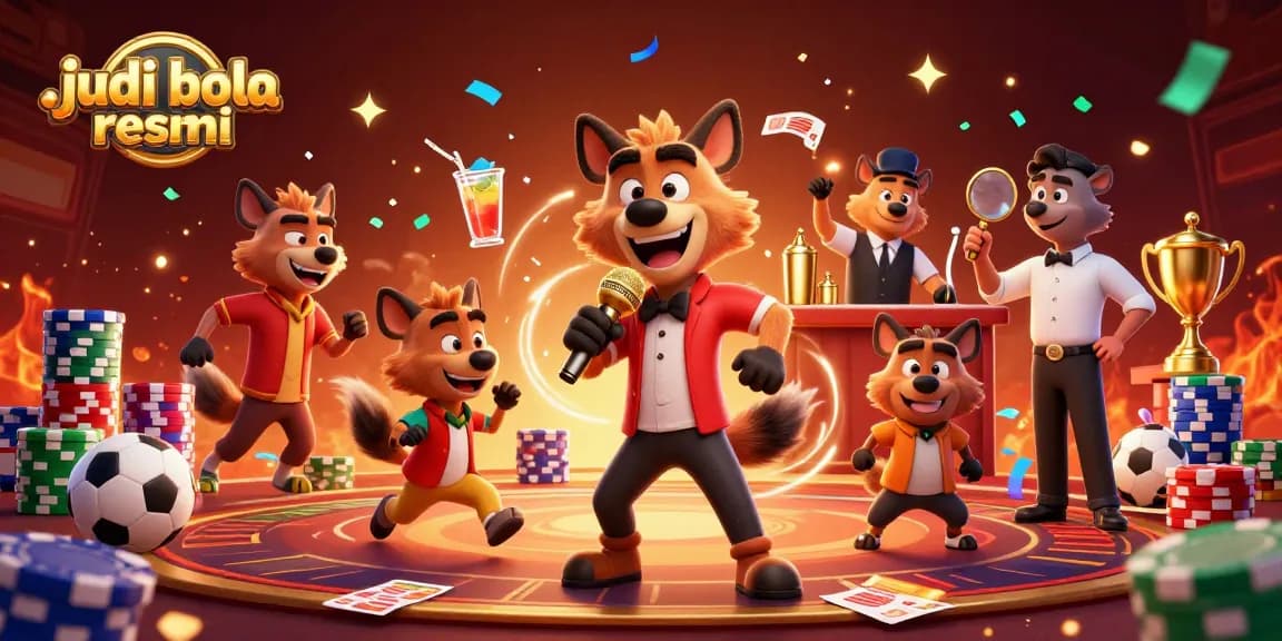 Join the excitement at judi bola resmi, featuring a lively hyena comedian entertaining sports bettors in a bustling arena.