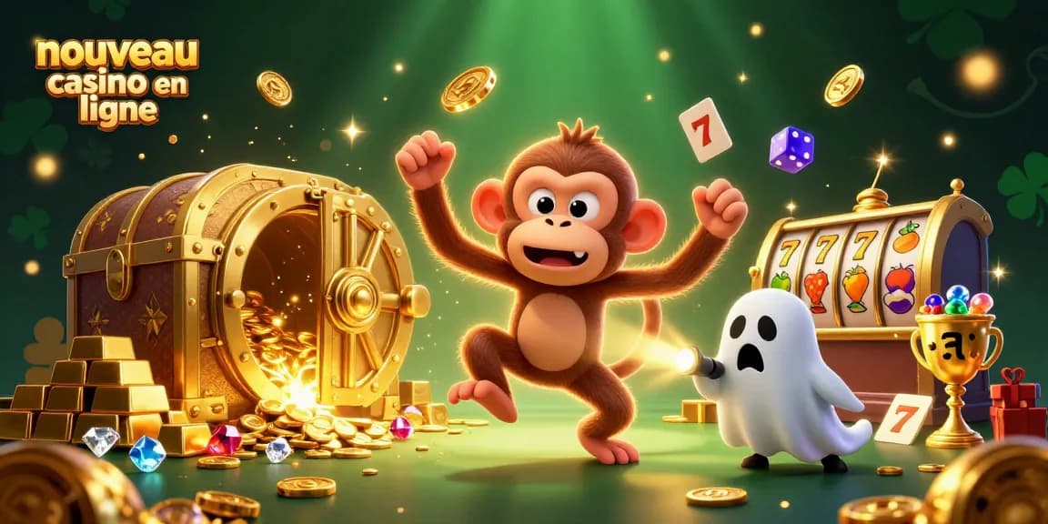 Illustration dynamique de "nouveau casino en ligne" avec un singe farceur et un chiot chasseur de fantômes dans un casino hanté.