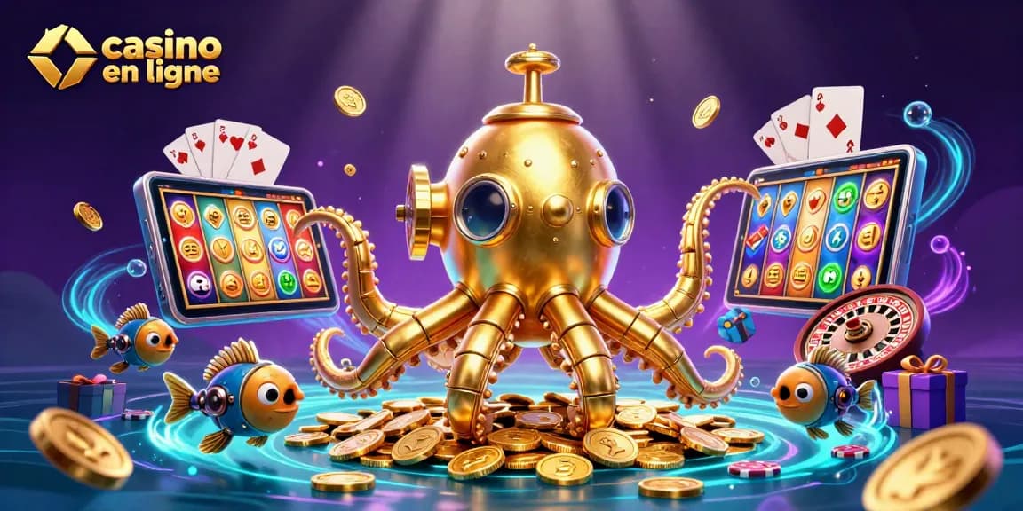 Jouez au casino en ligne avec un kraken doré émergent, entouré de pièces d'or et d'éléments de jeu animés.