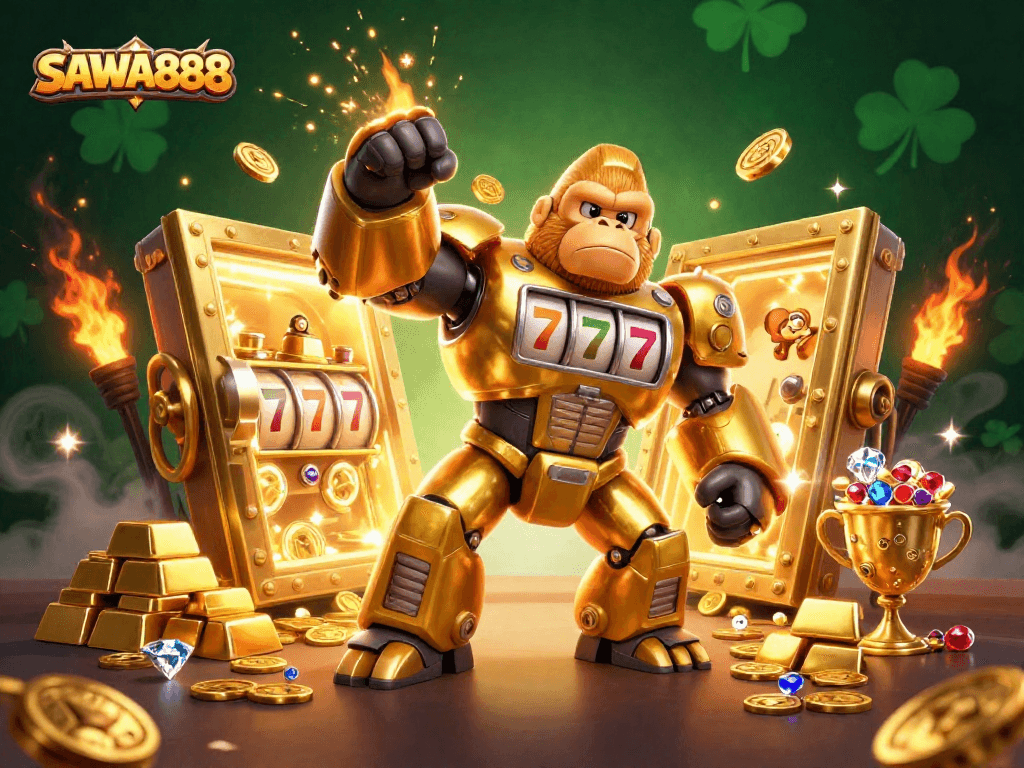 Experience the thrill of winning with SAWA888 in an explosive 3D illustration featuring a dynamic golden gorilla mech.