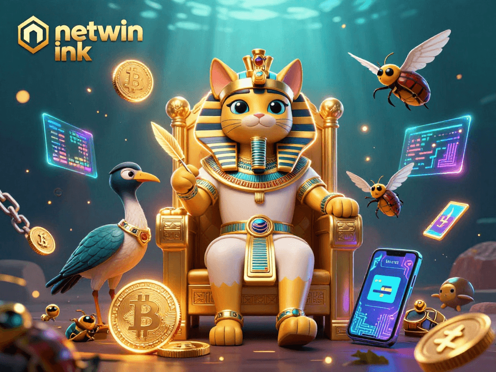 Experience the thrill of netwin ink with a vibrant 3D casino scene full of crypto elements.