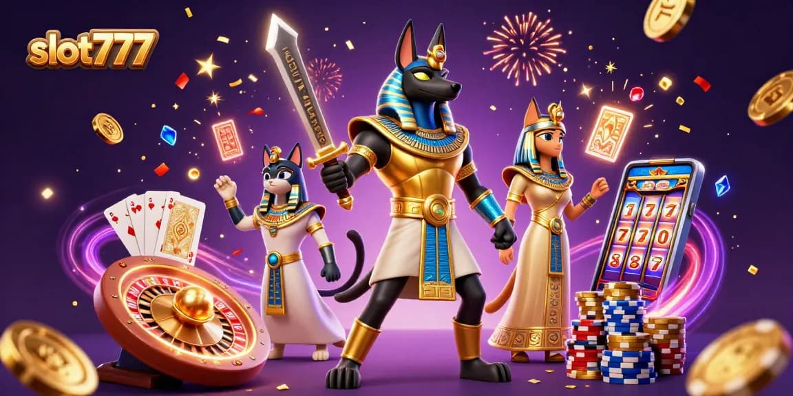 Spin the reels with slot777, featuring Anubis and Bastet amidst celebratory gold coins and vibrant casino elements.