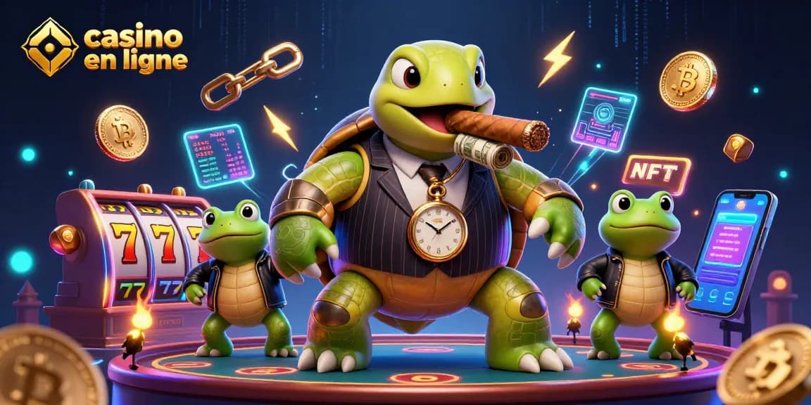 Profitez d'une expérience captivante de casino en ligne avec un personnage de tortue massive et des éléments de machines à sous.