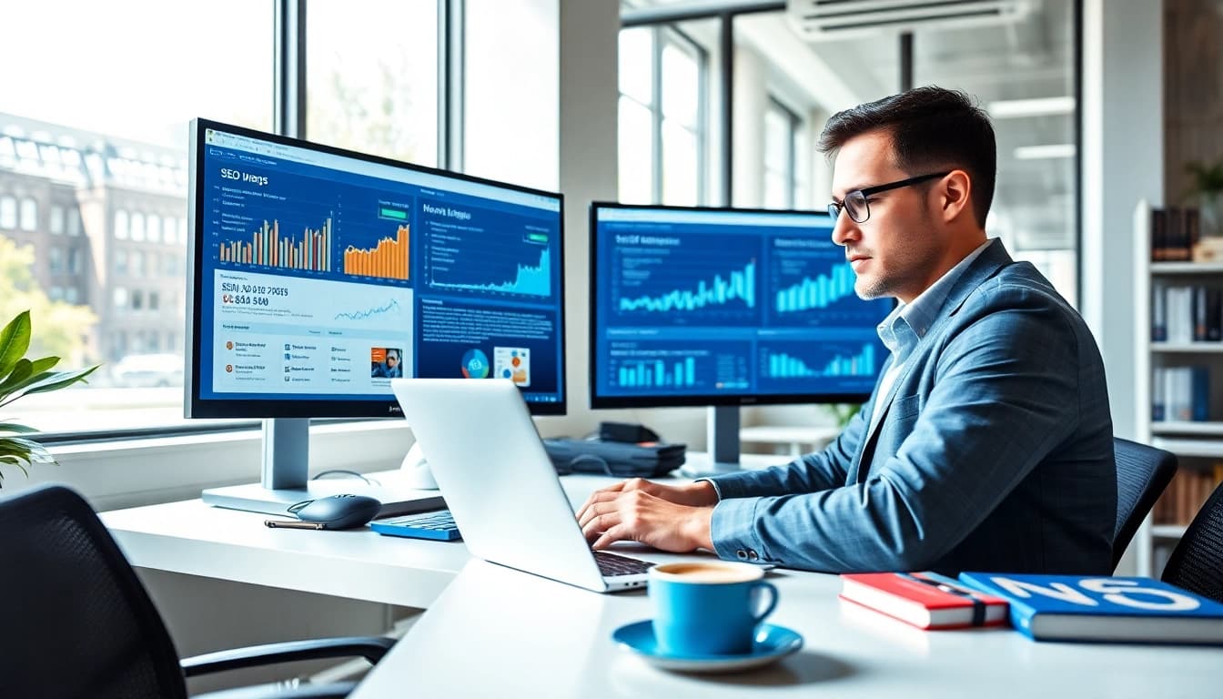 Edmonton SEO expert analyzing data trends and performance metrics in a modern office.