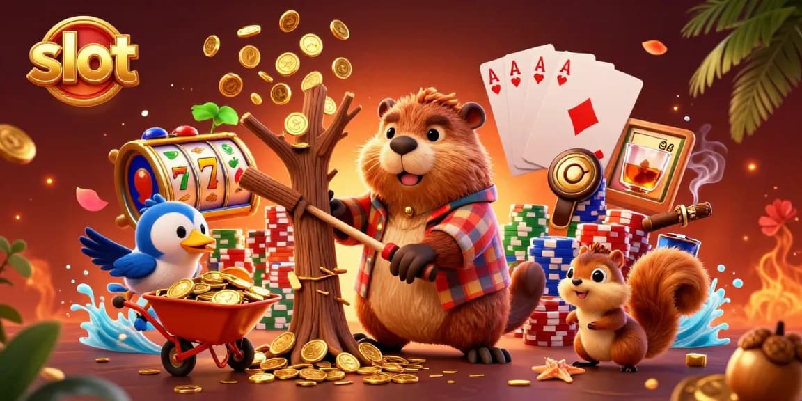 Spin the slots with the lucky beaver collecting golden coins in this vibrant casino scene.