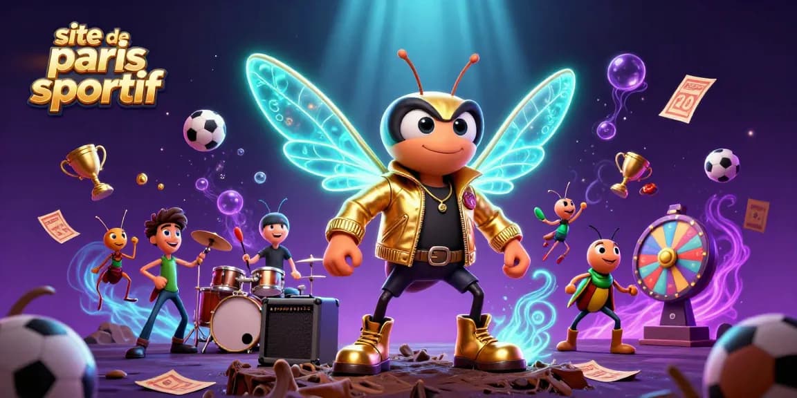 Plongez dans le site de paris sportif avec une scène dynamique de personnages animés entourés d'éléments de paris.