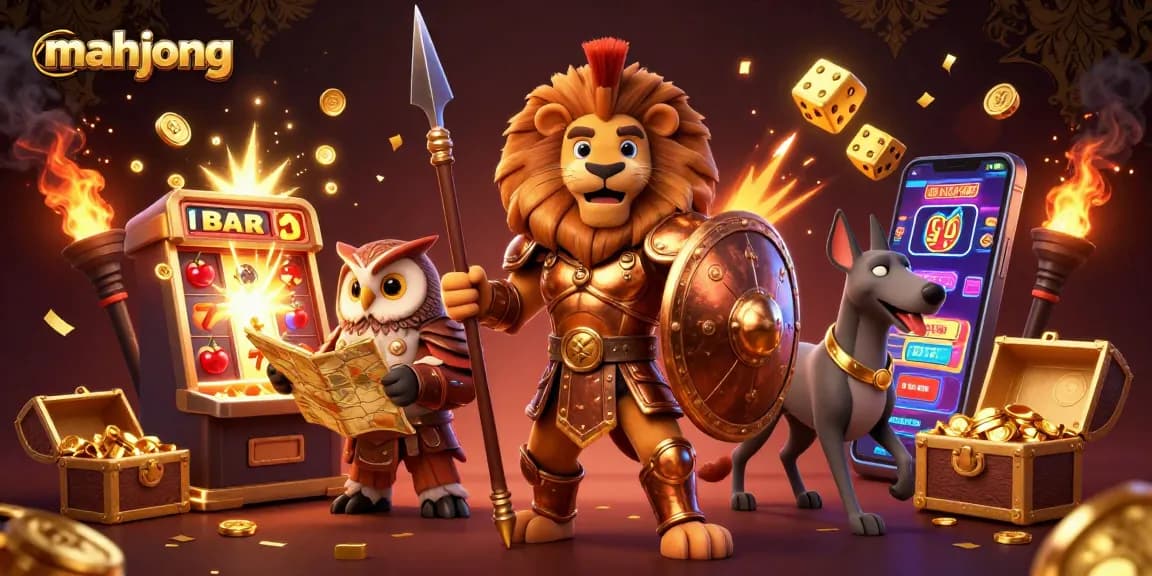 Engage in thrilling mahjong action with a 3D scene of strategic characters and vibrant casino elements.