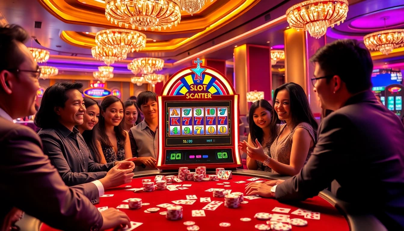 Engaged players celebrating wins at Slot Scatter Hitam in a glamorous casino setting.