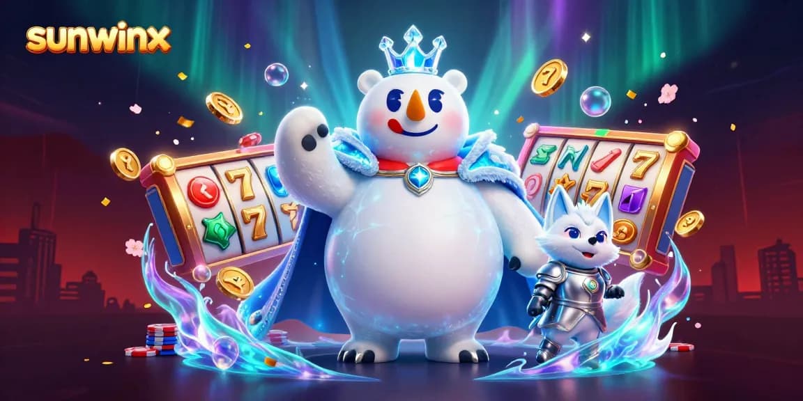 Experience thrills at sunwinx with a dynamic illustration of slot reels, coins, and poker chips swirling around engaging characters.
