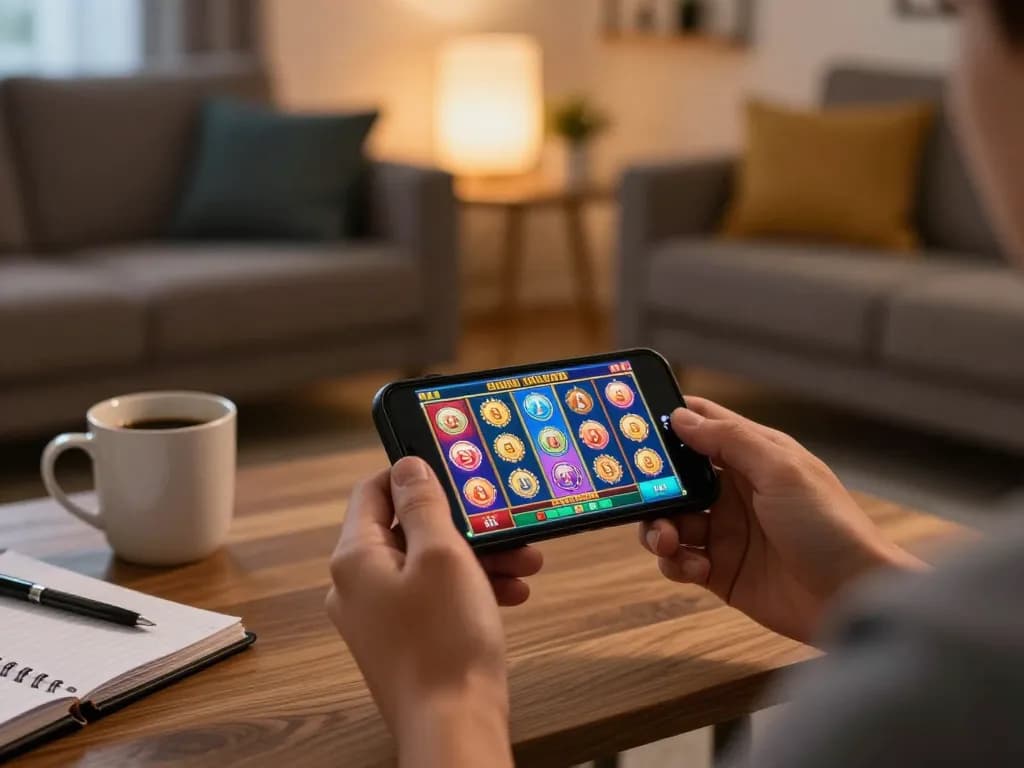 Engaging gameplay on migliori casino online stranieri through mobile app, showcasing slots and strategic elements in a cozy setting.