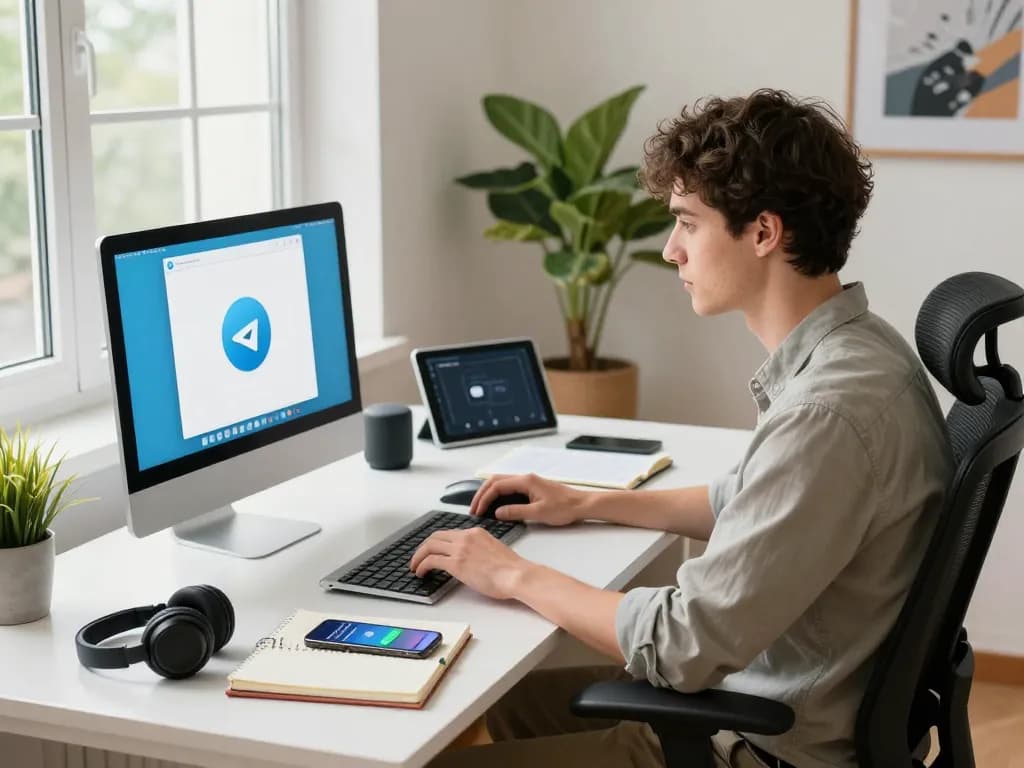 Professional using Telegram 电脑版 in a bright home office