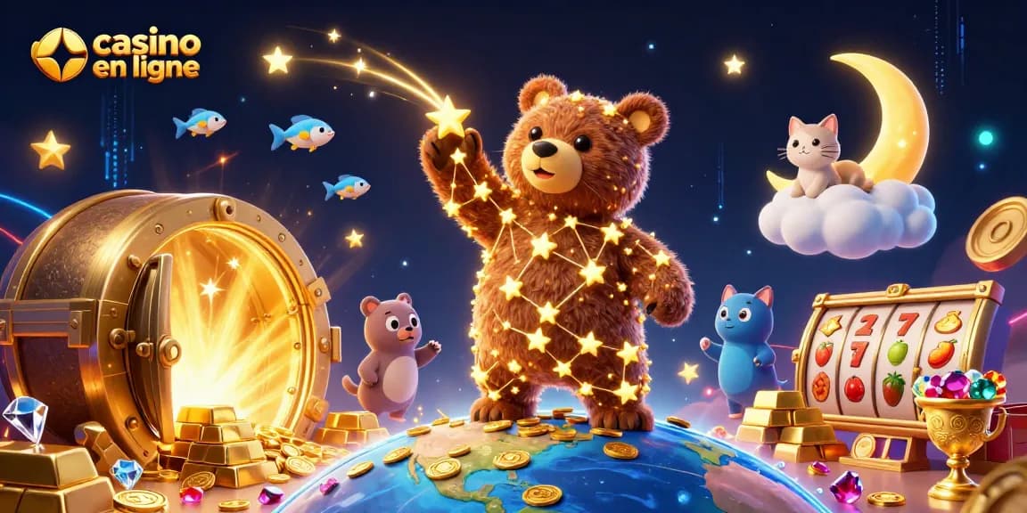 Plongez dans l'univers des casinos en ligne avec des étoiles scintillantes, des trésors dorés et des machines à sous animées.