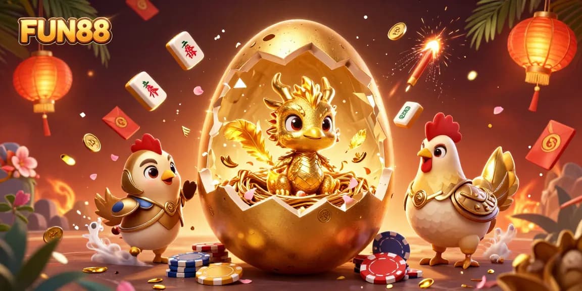 Play exciting games at FUN88 with a vibrant casino scene featuring a golden dragon and poker chips.