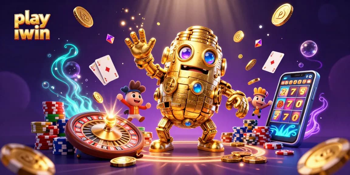 Play iwin and win big with colorful slots, golden coins, and exciting casino elements in this vibrant illustration.