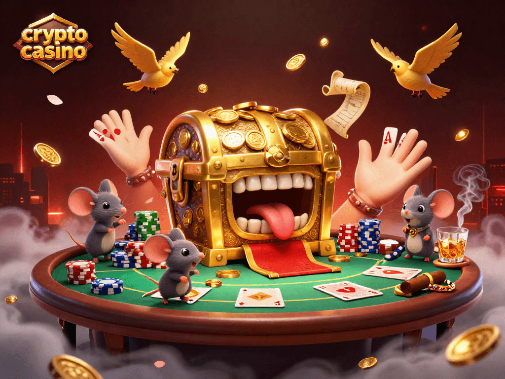 Engage with the exciting crypto casino scene featuring a treasure chest and poker elements for adventurous players.