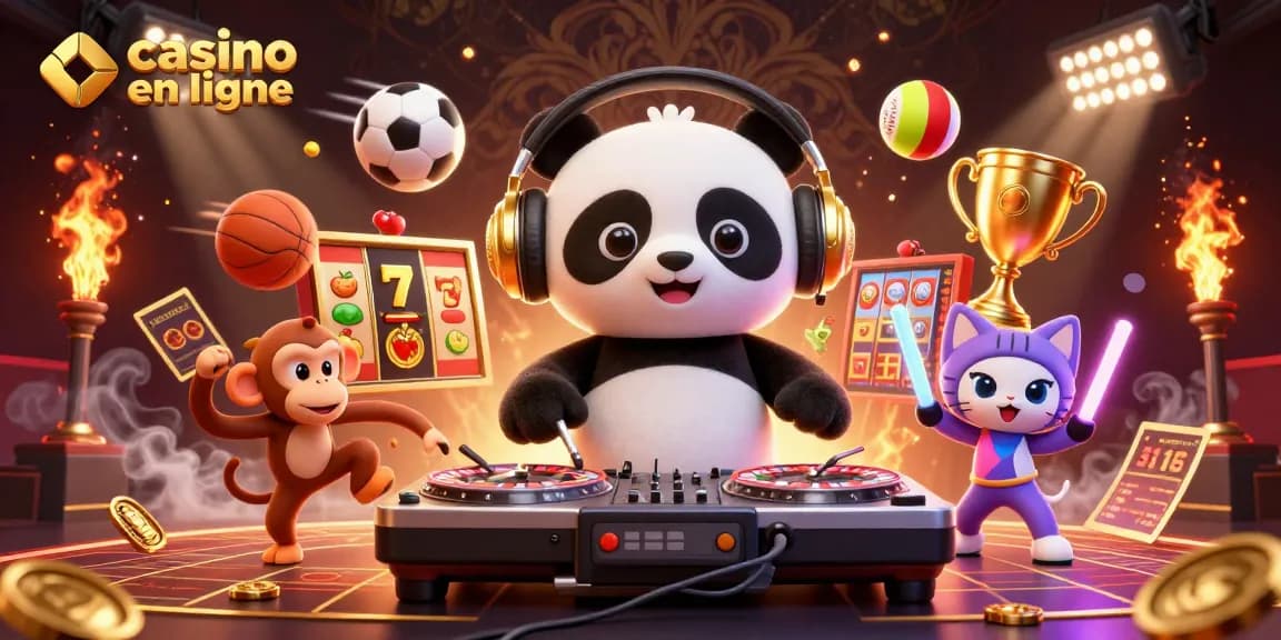 Rejoignez l'excitation des jeux de casino en ligne avec un DJ panda et des symboles de jackpot.