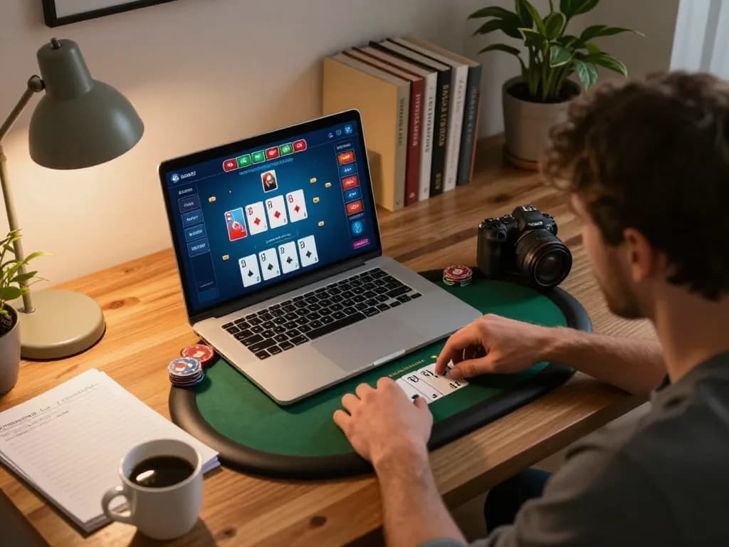 Players enjoying strategic online poker on 888top in a cozy home setting with warm lighting